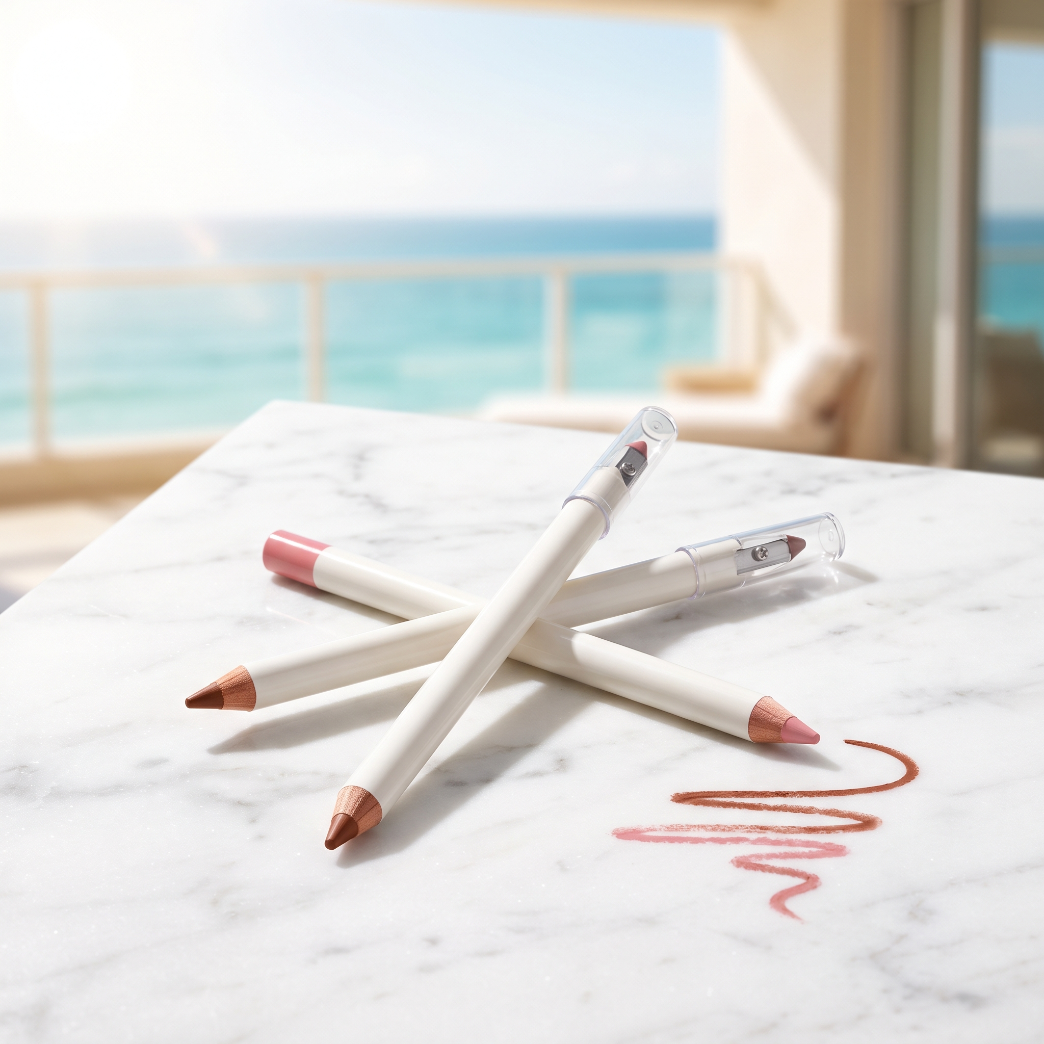 Butter Lip Liner in Rich Chestnut and Soft Pink in bright Miami light