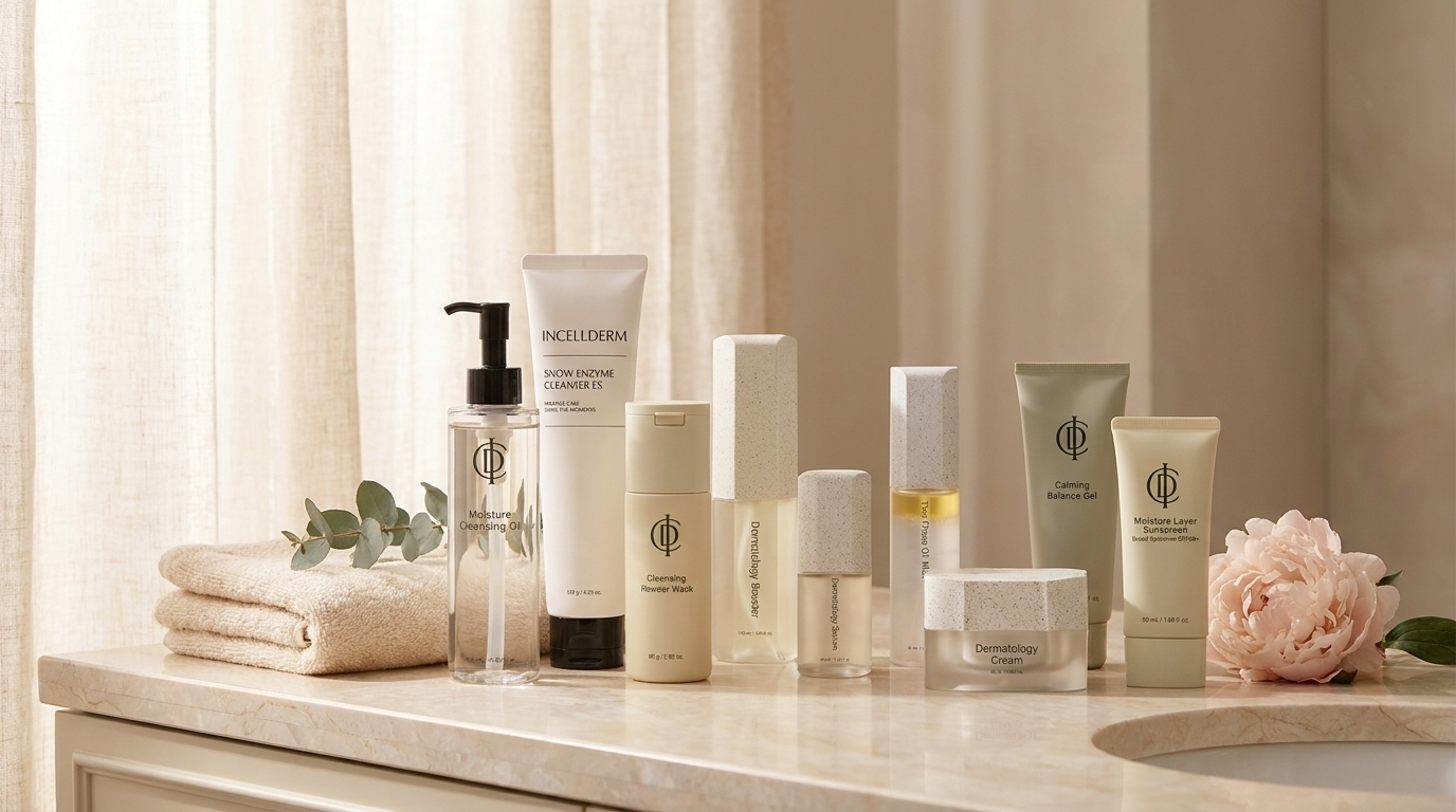 Complete RIMAN Incellderm Signature Ritual skincare set displayed on a cream marble bathroom vanity