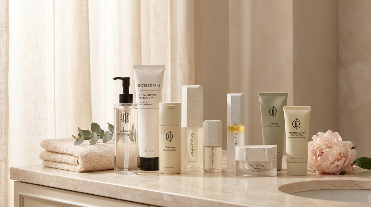 Complete RIMAN Incellderm Signature Ritual skincare set displayed on a cream marble bathroom vanity