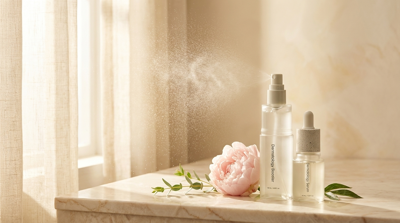 RIMAN Incellderm Dermatology First Package Booster EX and Serum EX on a marble vanity in soft morning light