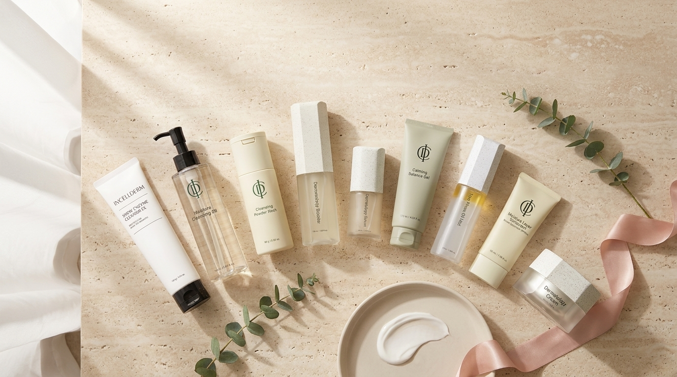Complete RIMAN Incellderm skincare product lineup arranged as an overhead flat lay on travertine stone