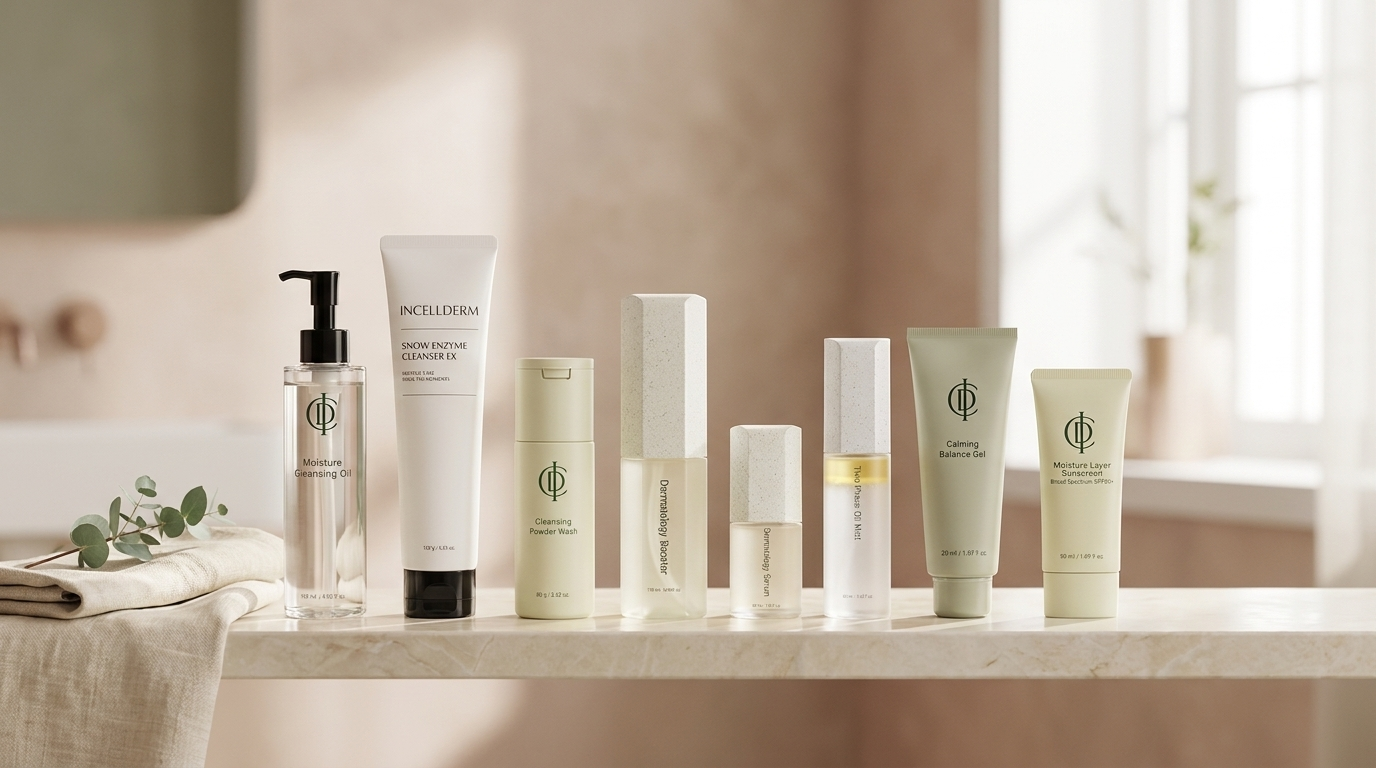 RIMAN Incellderm skincare products lined up in routine order on a cream marble shelf
