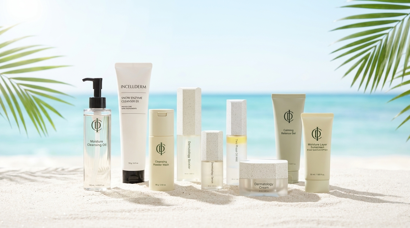 RIMAN Incellderm skincare set on white sand with turquoise ocean in bright coastal sunlight