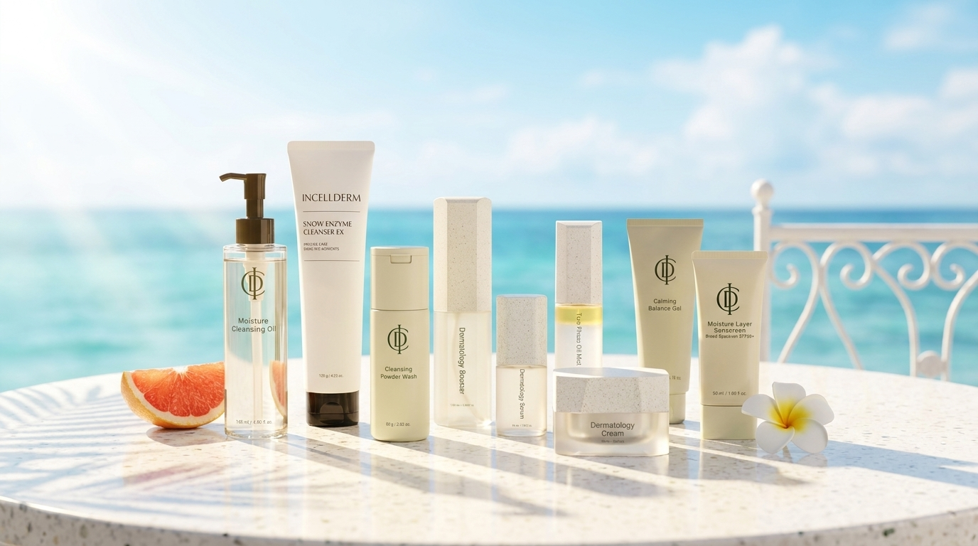 RIMAN Incellderm skincare set on a white terrace table with turquoise ocean in golden Miami morning light