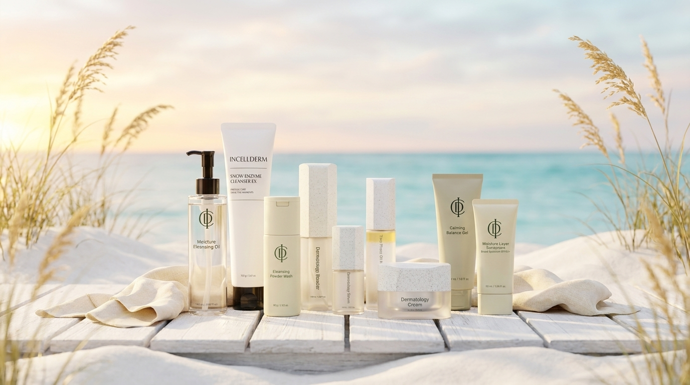 RIMAN Incellderm skincare set on white boardwalk planks among sand dunes at a pastel coastal sunrise