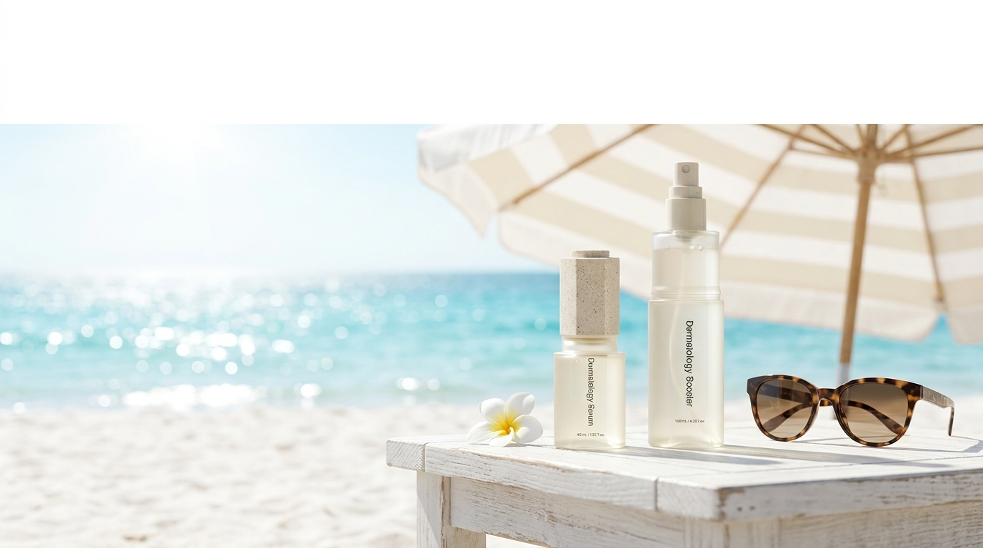 RIMAN Incellderm Dermatology First Package on a white cabana table with striped beach umbrella and turquoise ocean