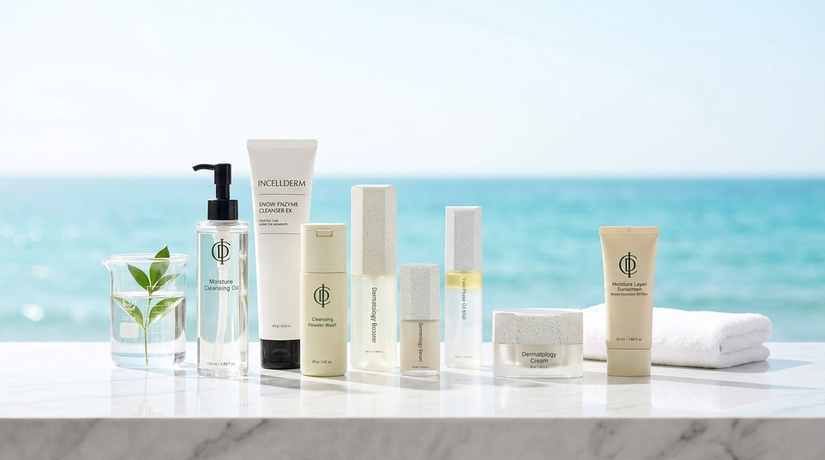 RIMAN Incellderm skincare set arranged with clinical precision on white marble with turquoise ocean behind