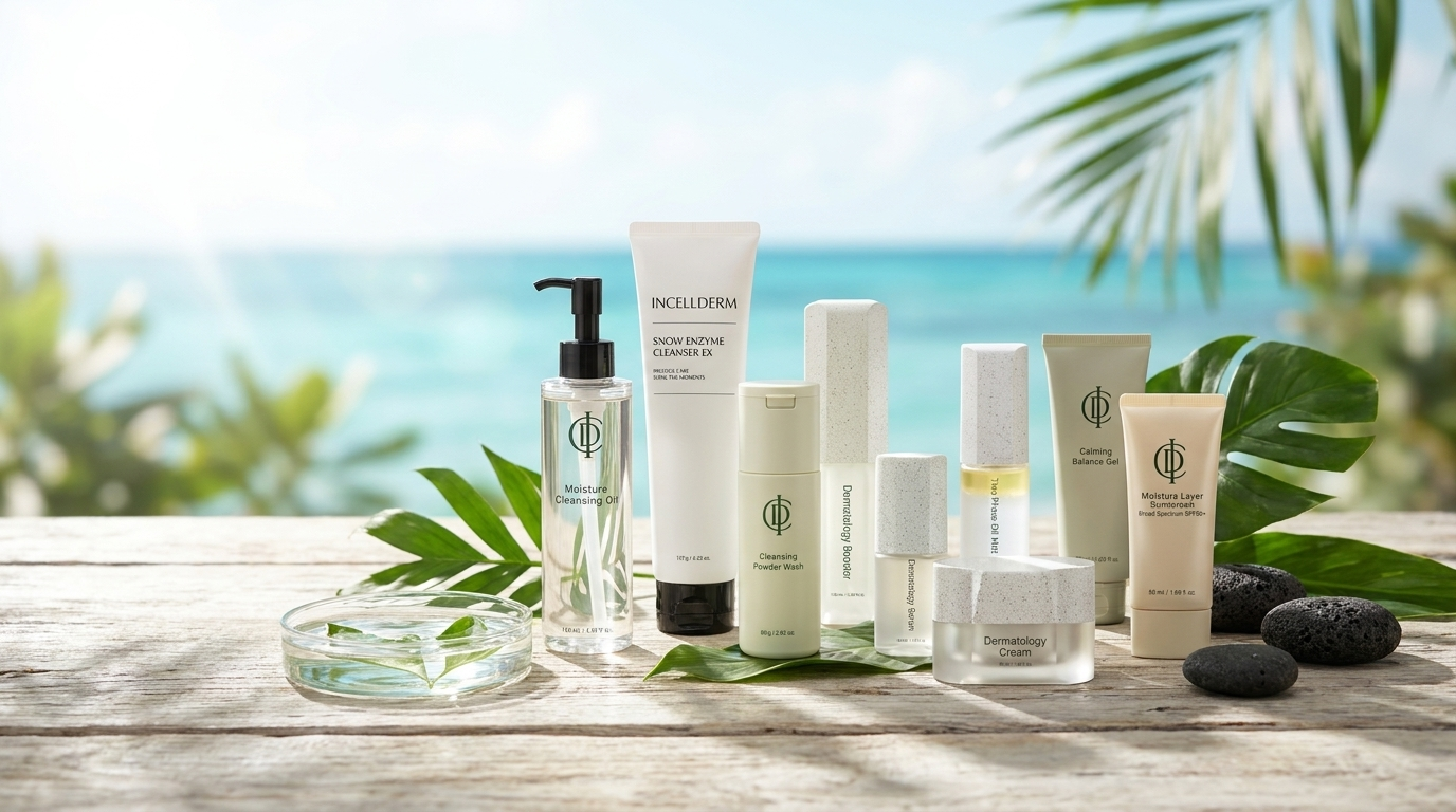 RIMAN Incellderm skincare set on driftwood with botanical leaves, leaf water and volcanic stones by a turquoise Miami ocean