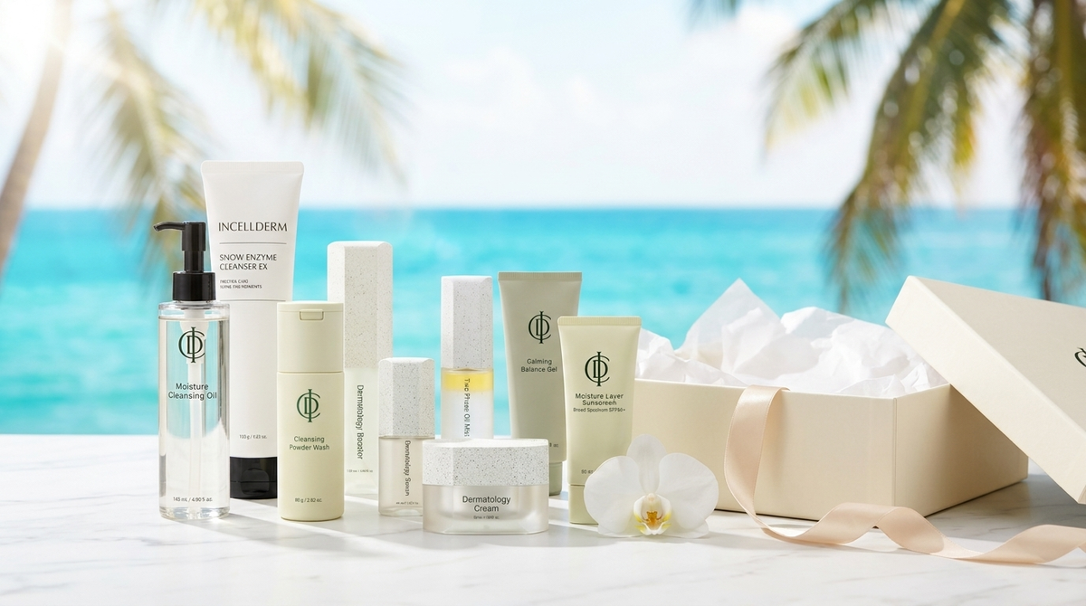 Complete RIMAN Incellderm skincare set with a cream gift box on white marble by a turquoise Miami ocean