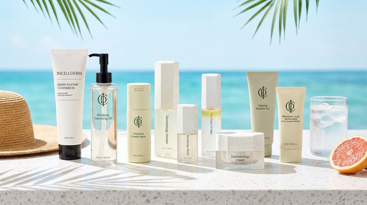 RIMAN Incellderm summer skincare products on a white terrazzo ledge with palm shadows and turquoise ocean behind