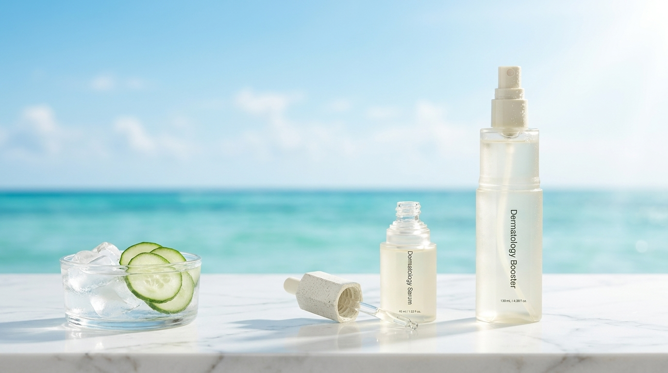 RIMAN Incellderm Dermatology First Package on white marble with turquoise ocean and cucumber water in bright Miami light