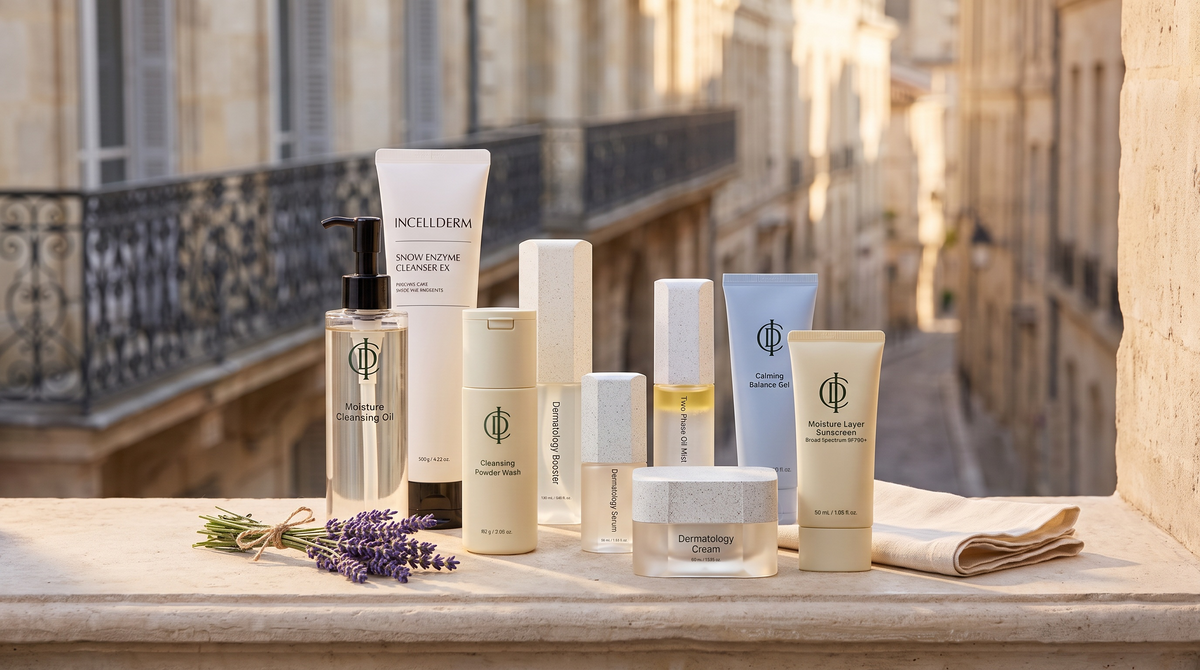 RIMAN Incellderm skincare set on a European stone balcony with wrought-iron architecture in warm afternoon light